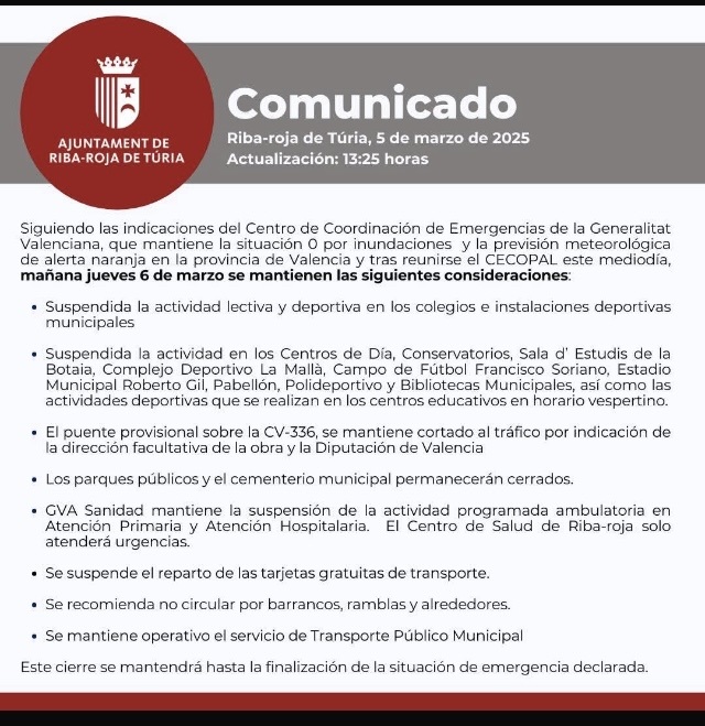 COMUNICADO OFICIAL AYUNTAMIENTO DE RIBA-ROJA DE TÚRIA